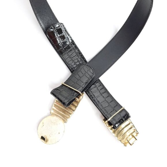 Womens Dress Waist Belt Black Gold Bow Faux Pearl Reptile Texture Adjustable OS - Picture 4 of 4